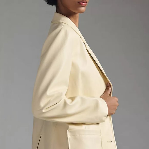 NWT By Anthropologie Faux Leather Blazer in Buttercream - 1X Plus - Picture 2 of 12